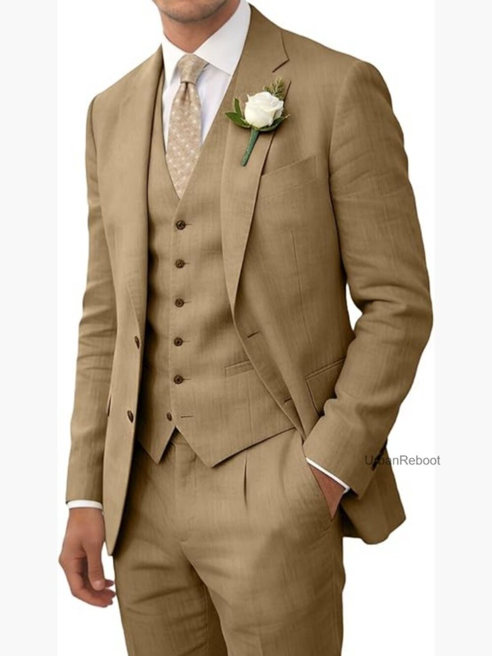 Retro Linen Men Beach Wedding Suit Summer Slim Fit 3 Piece Jacket Vest Pant